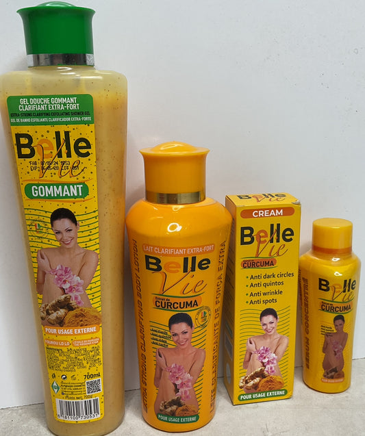 4pcs Belle Vie Curcuma (Turmeric)Body Lotion,exfoliating shower gel ,Serum,Cream. Anti Dark Spots (bandle)